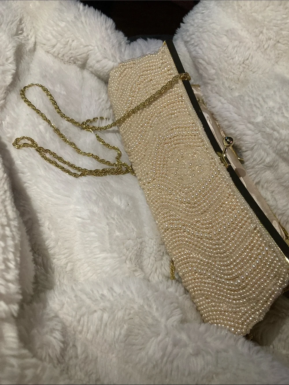 La Regale Pearl Beaded Clutch in Champagne